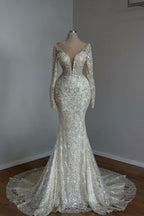 Beautiful Long Mermaid White V-neck Lace Glitter Prom Dresses With Long Sleeves