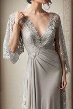 Beautiful Long Silver V-neck Mother of Bride Satin Bridesmaid Dress With Lace