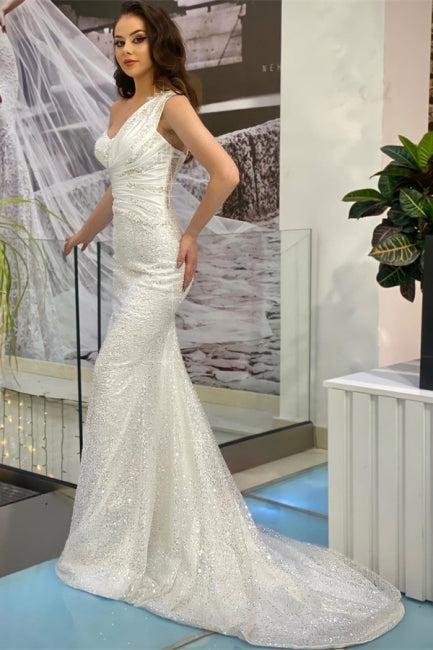 Beautiful Long White One Shoulder Sleeveless Mermaid Evening Dresses With Glitter