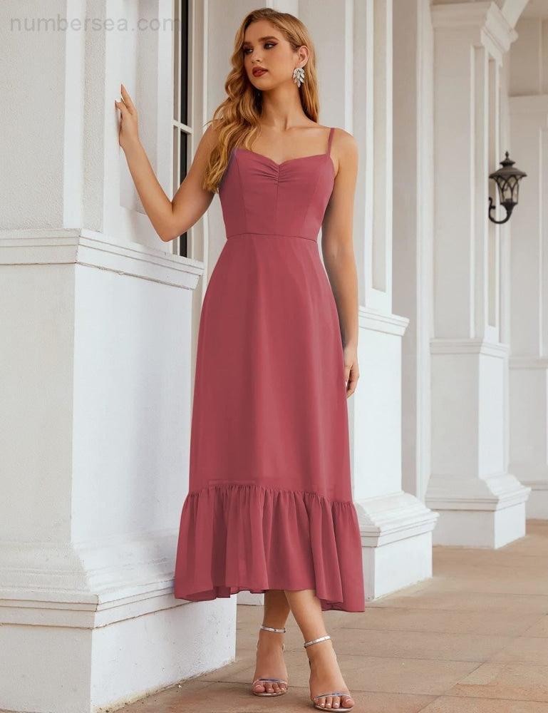 Spaghetti Strap Chiffon Bridesmaid Dress Ankle Length Formal A Line Cocktail Party Homecoming Dress for Juniors  SEA28028