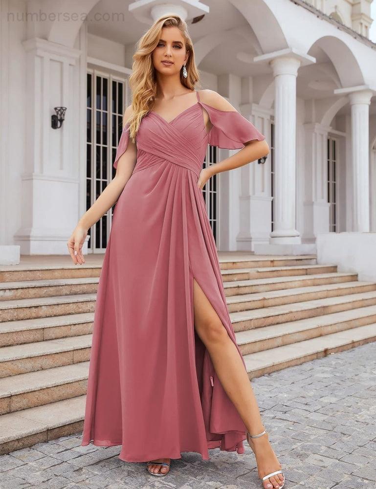 Chiffon Cold Shoulder Long Bridesmaid Dresses Plus Size Formal Prom Gowns for Women Party Wedding  SEA28070