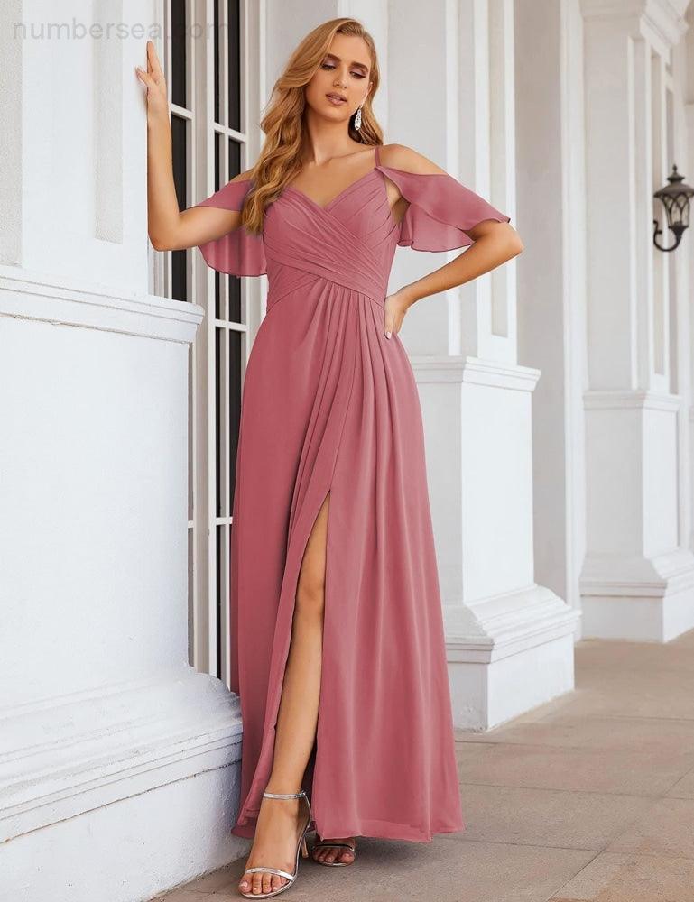 Chiffon Cold Shoulder Long Bridesmaid Dresses Plus Size Formal Prom Gowns for Women Party Wedding  SEA28070