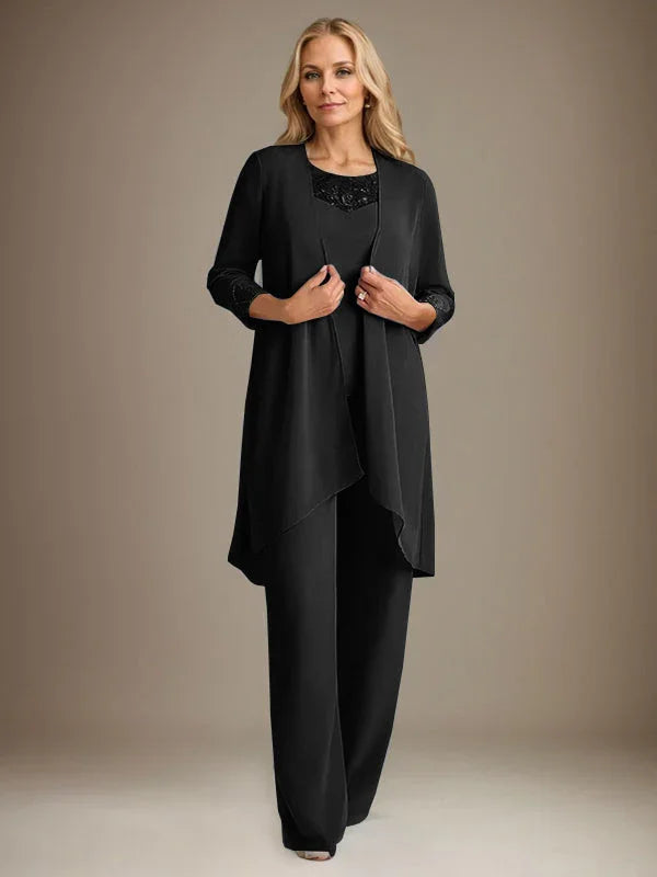 Chiffon Scoop Long Sleeves Mother Of The Bride Pantsuits With Jacket