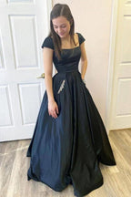 A Line Satin Open Black Cap Sleeves  Long Prom Dresses