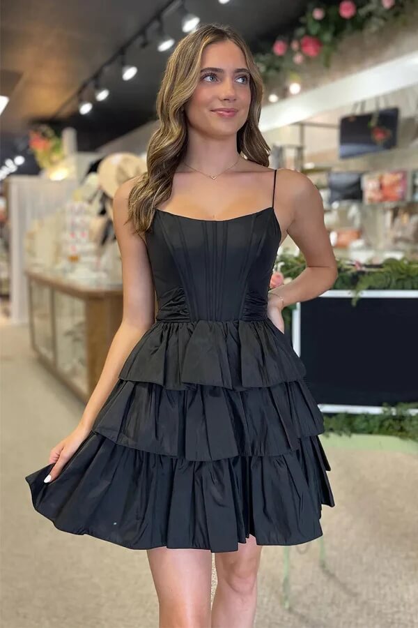 Black Satin A-line Spaghetti Straps Tiered Homecoming Dresses With Bow
