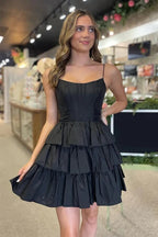 Black Satin A-line Spaghetti Straps Tiered Homecoming Dresses With Bow