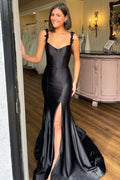 Satin Floral Mermaid Black Long Prom Dress Formal Dress