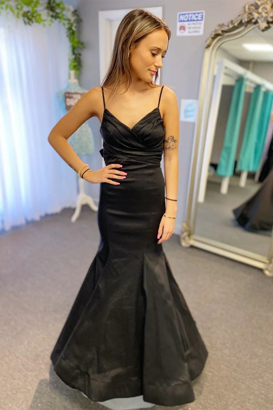 Satin Surplice Pleated Straps Black Long Prom Dress with Bow