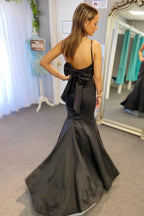 Satin Surplice Pleated Straps Black Long Prom Dress with Bow