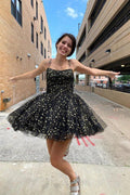 Black Tulle A-line Spaghetti Straps Short Homecoming Dresses With Stars