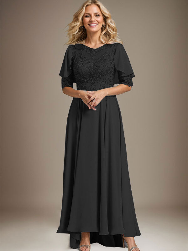 A-line Scoop Illusion Asymmetrical Chiffon Lace Mother of the Bride Dress With Beading