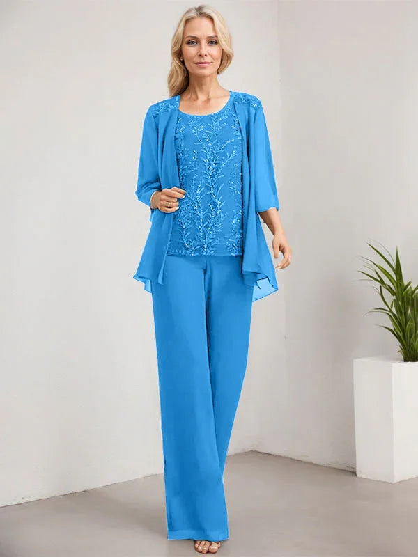 Separates Jumpsuit/Pantsuit Scoop Floor-Length Lace Chiffon Mother of the Bride Dress With Sequins