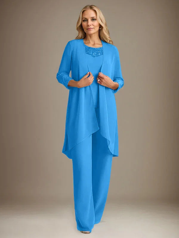 Chiffon Scoop Long Sleeves Mother Of The Bride Pantsuits With Jacket