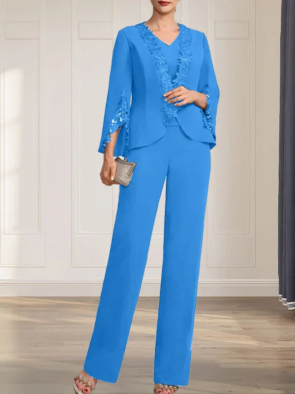 Separates Jumpsuit/Pantsuit V-Neck Floor-Length Chiffon Mother of the Bride Dress