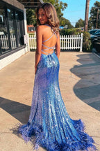 Blue Sequin Feather Back Mermaid Sparkly Long Prom Dress with Slit