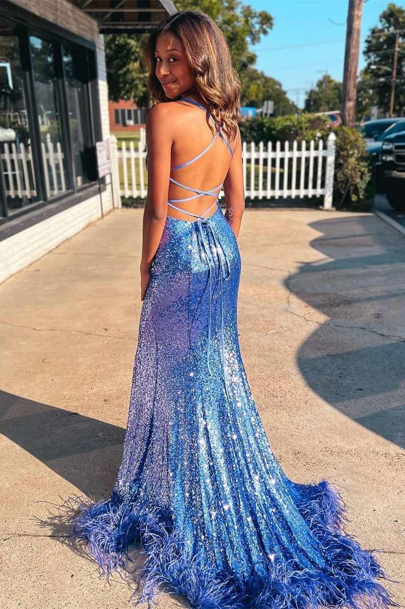 Blue Sequin Feather Back Mermaid Sparkly Long Prom Dress with Slit