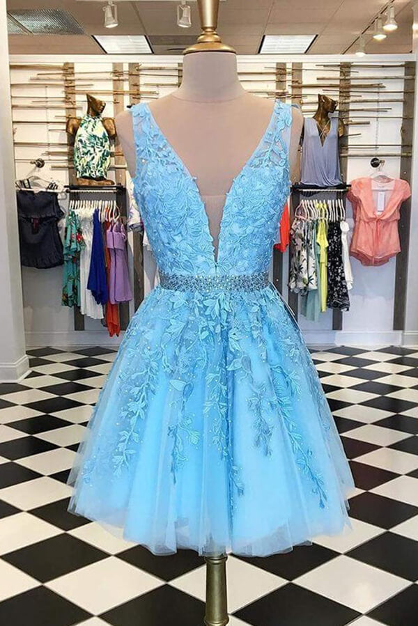 Blue Tulle A-line Beaded Short Homecoming Dresses With Appliques