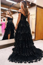 Blue Tulle Appliques Off-the-Shoulder Ruffle Long Prom Dress