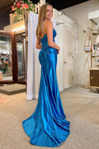 Blue V-Neck Mermaid Spaghetti Strap Long Prom Dress with Slit