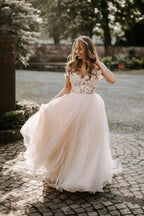 A-line Boho Champagne Off The Shoulder Wedding Dress Bridal Gown