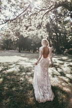 Boho High Neckline Long Sleeves Lace Wedding Dresses Rustic Wedding