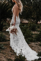 Boho Mermaid Wedding Dress Flower Appliques Deep V Neck Bridal Gown
