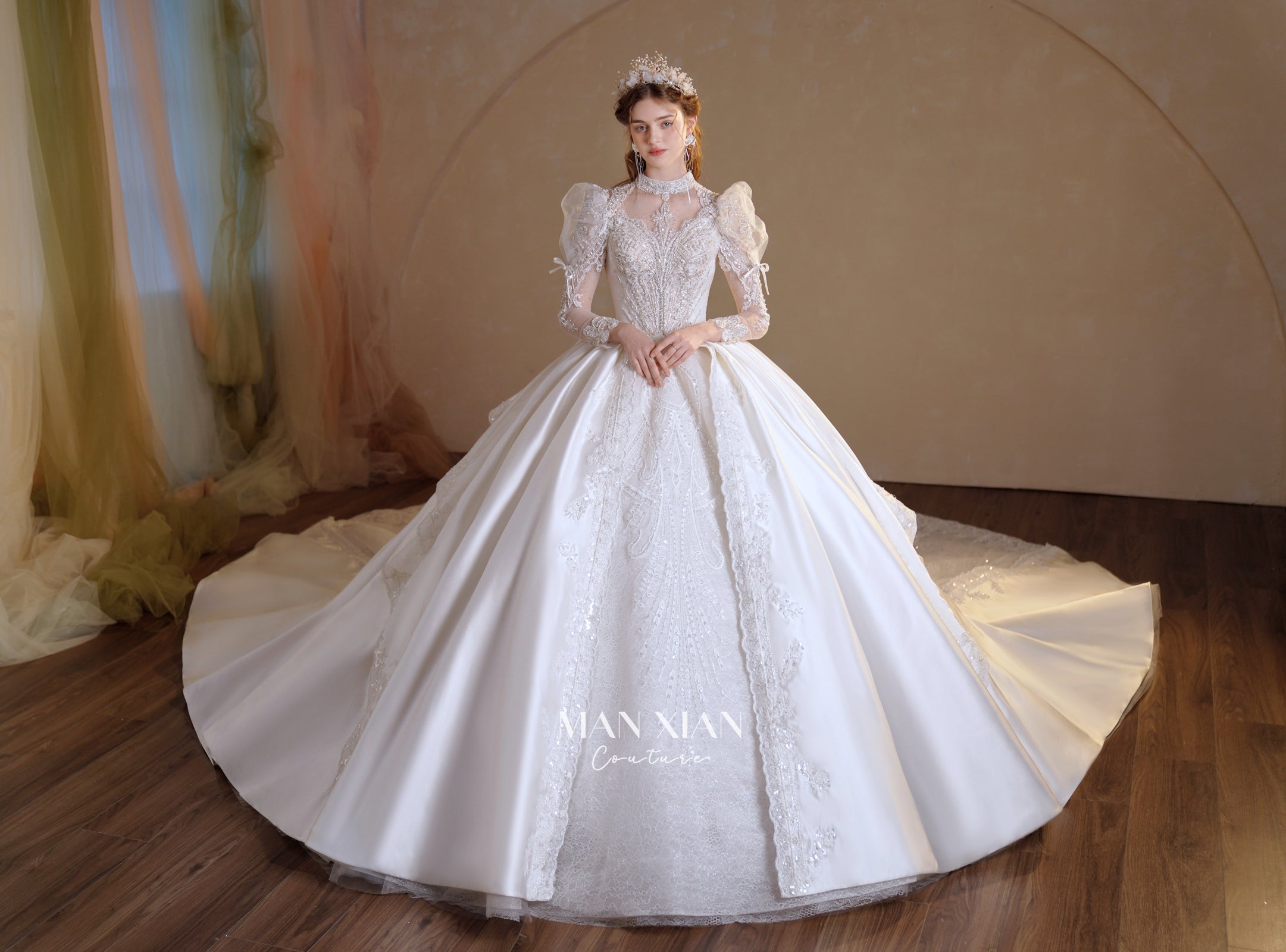 Regal High-Neck Satin Ball Gown Wedding Dress with Cathedral Train & Crystal Lace Appliqués