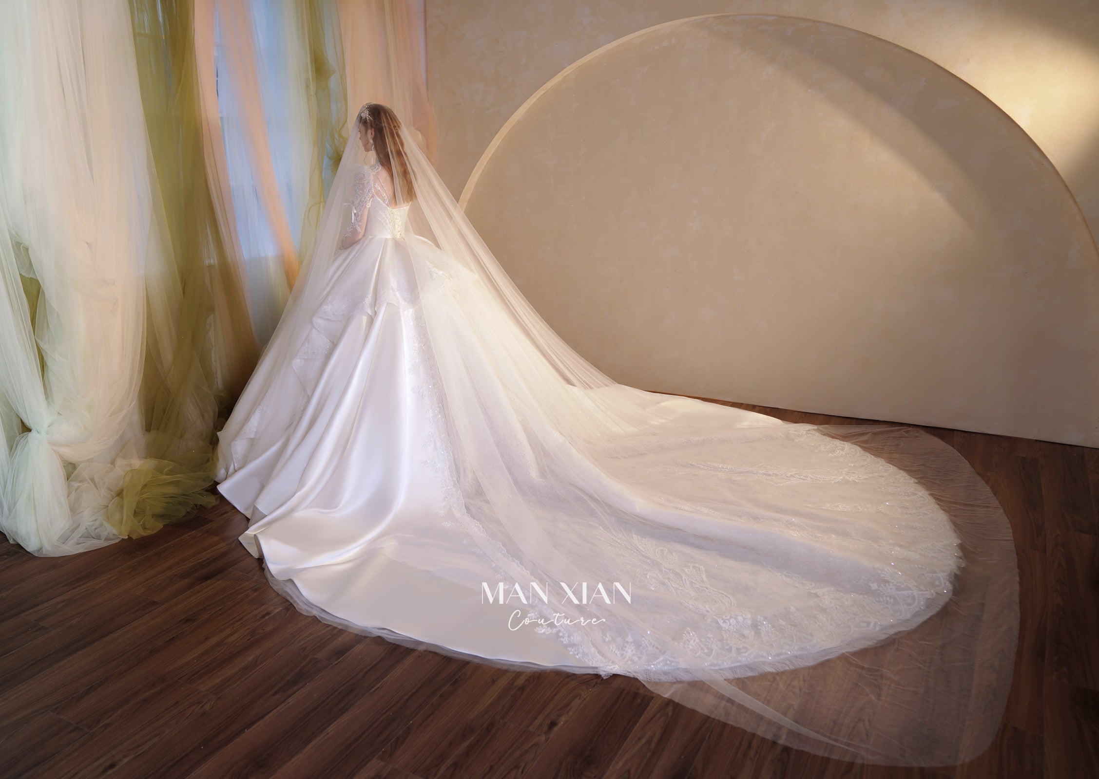 Regal High-Neck Satin Ball Gown Wedding Dress with Cathedral Train & Crystal Lace Appliqués