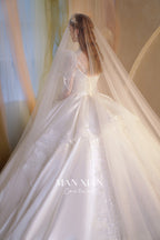 Regal High-Neck Crystal Satin Ball Gown Wedding Dress with Puff Sleeves & Cathedral Train