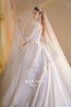 Regal High-Neck Crystal Satin Ball Gown Wedding Dress with Puff Sleeves & Cathedral Train