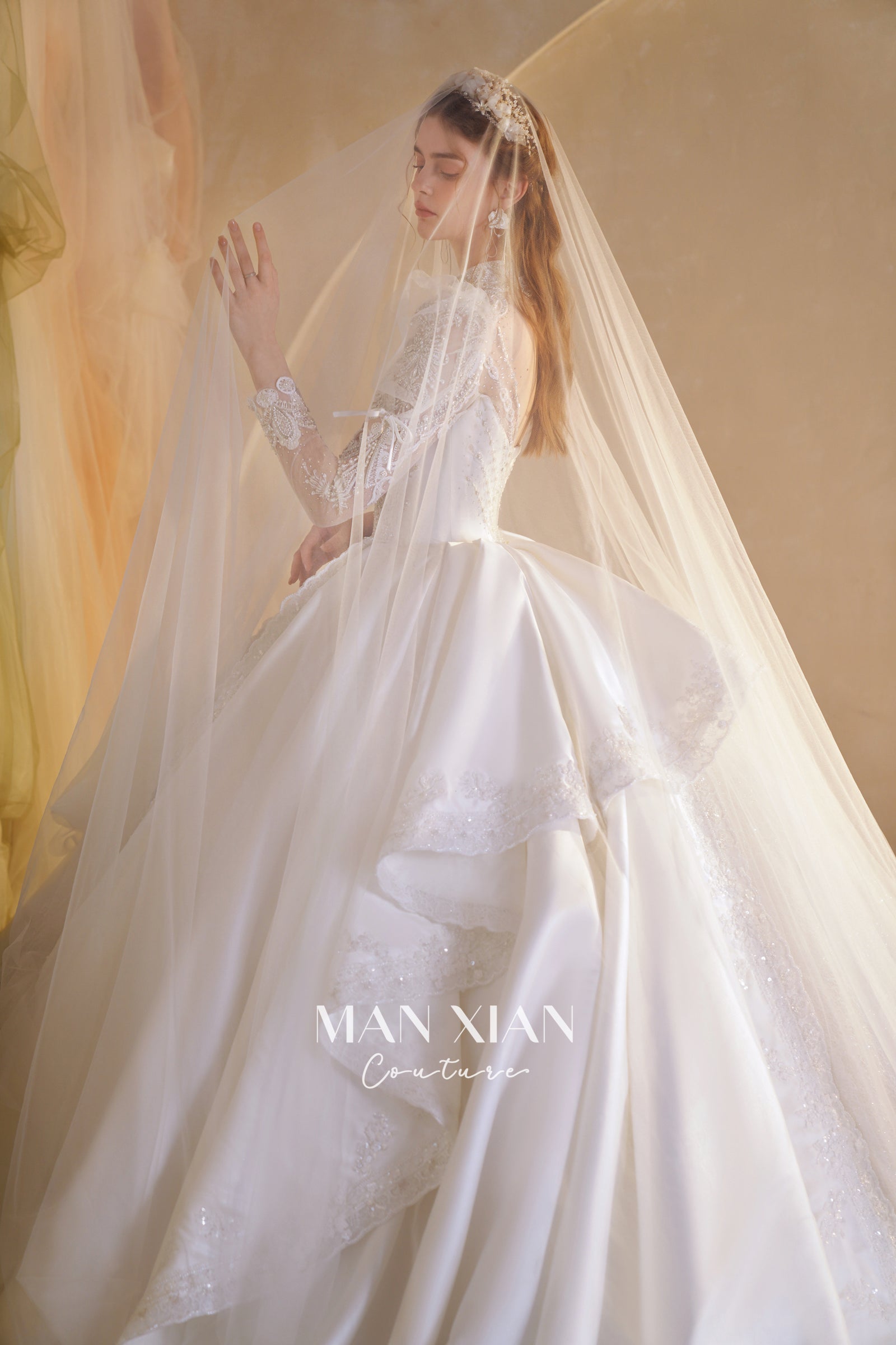 Regal High-Neck Crystal Satin Ball Gown Wedding Dress with Puff Sleeves & Cathedral Train
