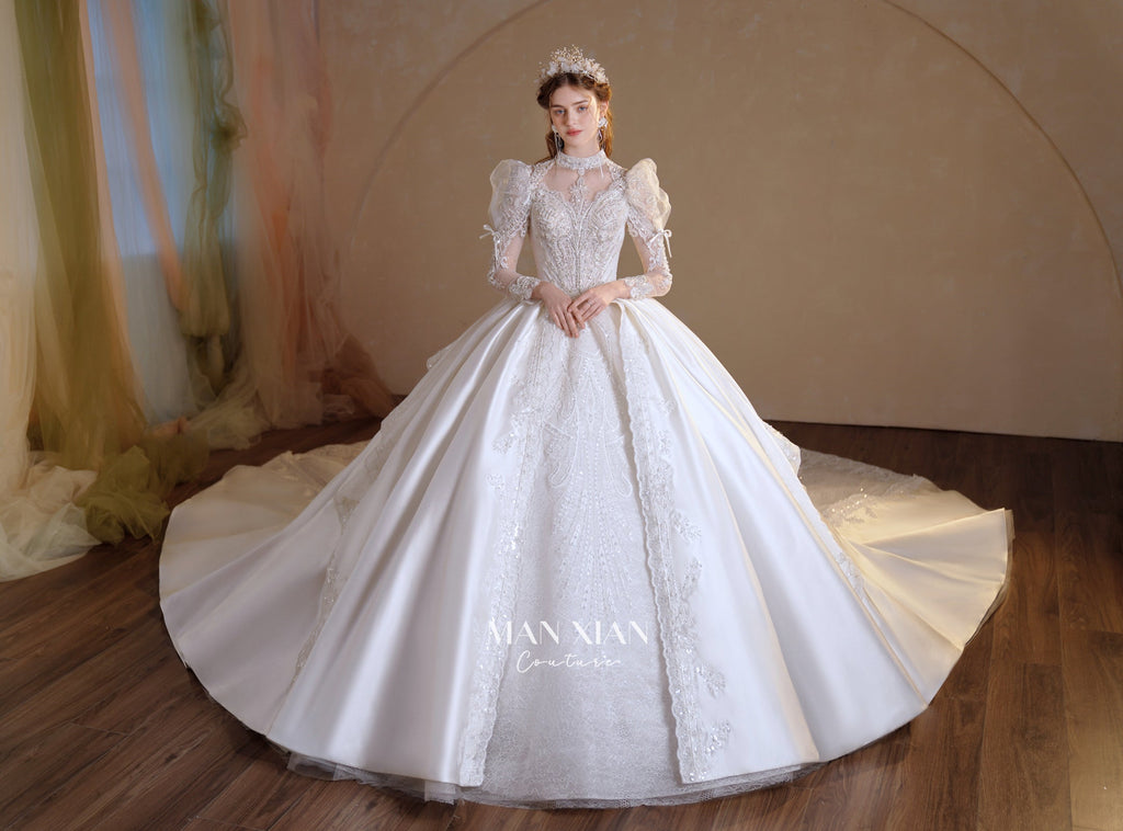 Regal High-Neck Crystal Satin Ball Gown Wedding Dress with Puff Sleeves & Cathedral Train