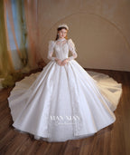 Regal High-Neck Satin Ball Gown Wedding Dress with Cathedral Train & Crystal Lace Appliqués