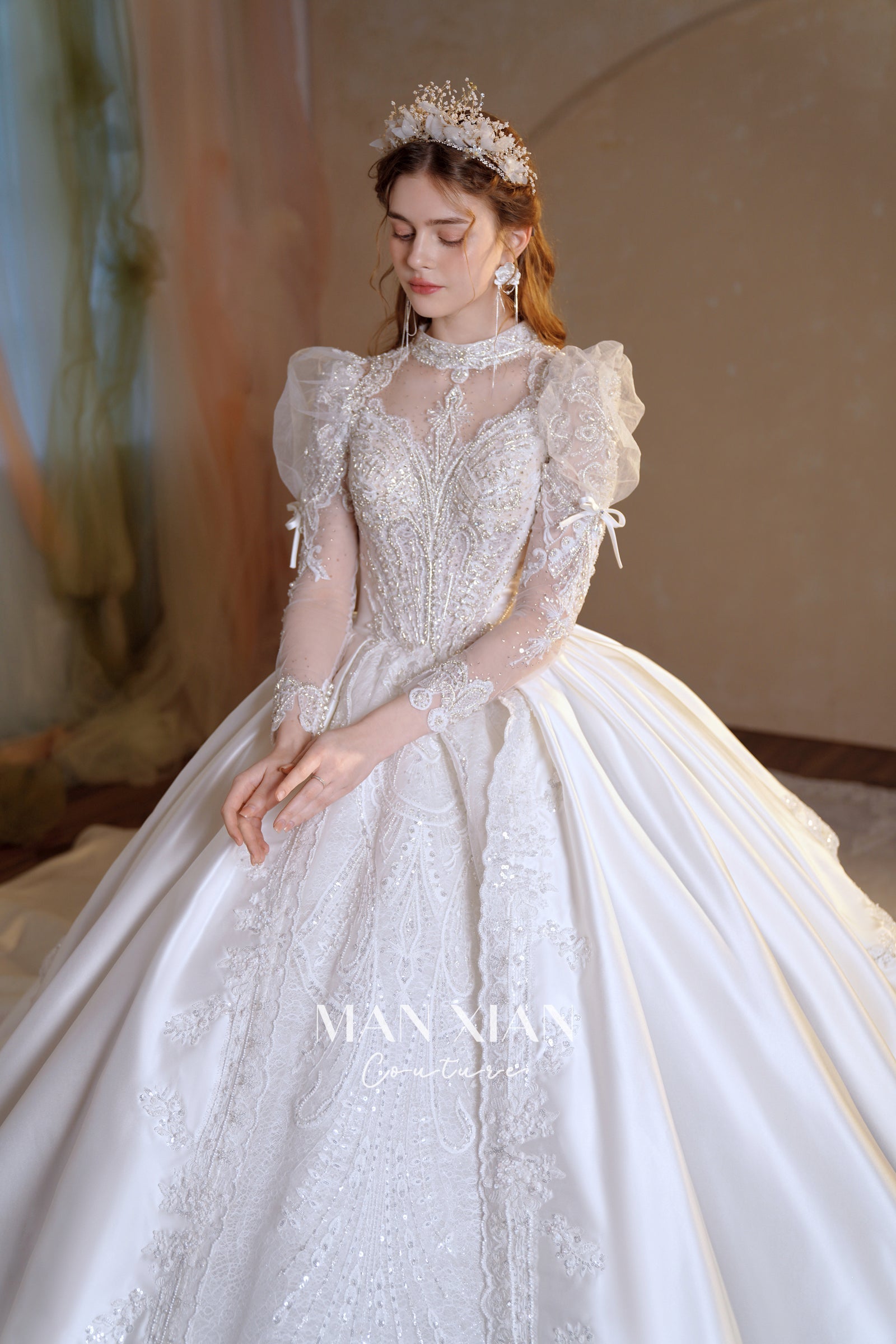 Regal High-Neck Satin Ball Gown Wedding Dress with Cathedral Train & Crystal Lace Appliqués