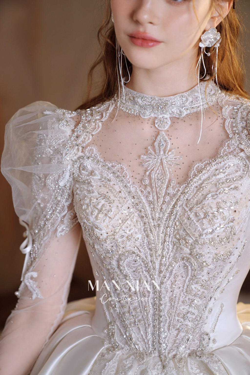 Regal High-Neck Crystal Satin Ball Gown Wedding Dress with Puff Sleeves & Cathedral Train
