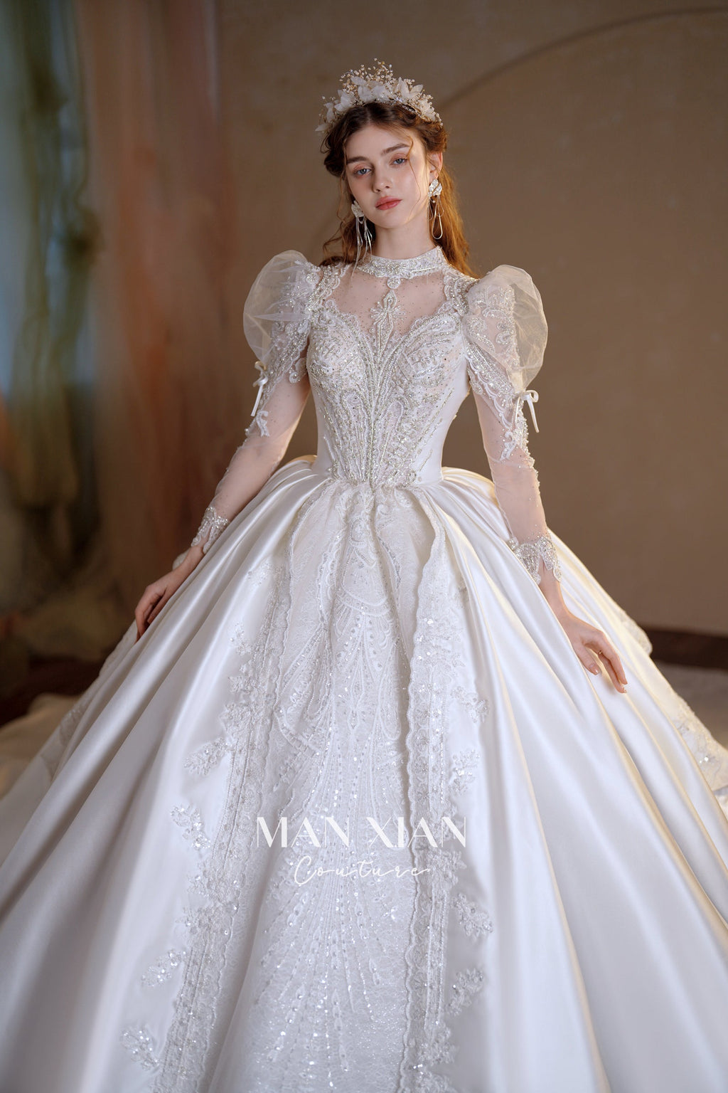 Regal High-Neck Satin Ball Gown Wedding Dress with Cathedral Train & Crystal Lace Appliqués