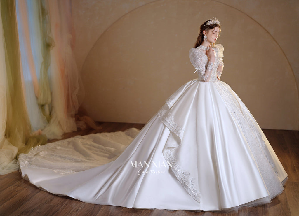 Regal High-Neck Satin Ball Gown Wedding Dress with Cathedral Train & Crystal Lace Appliqués