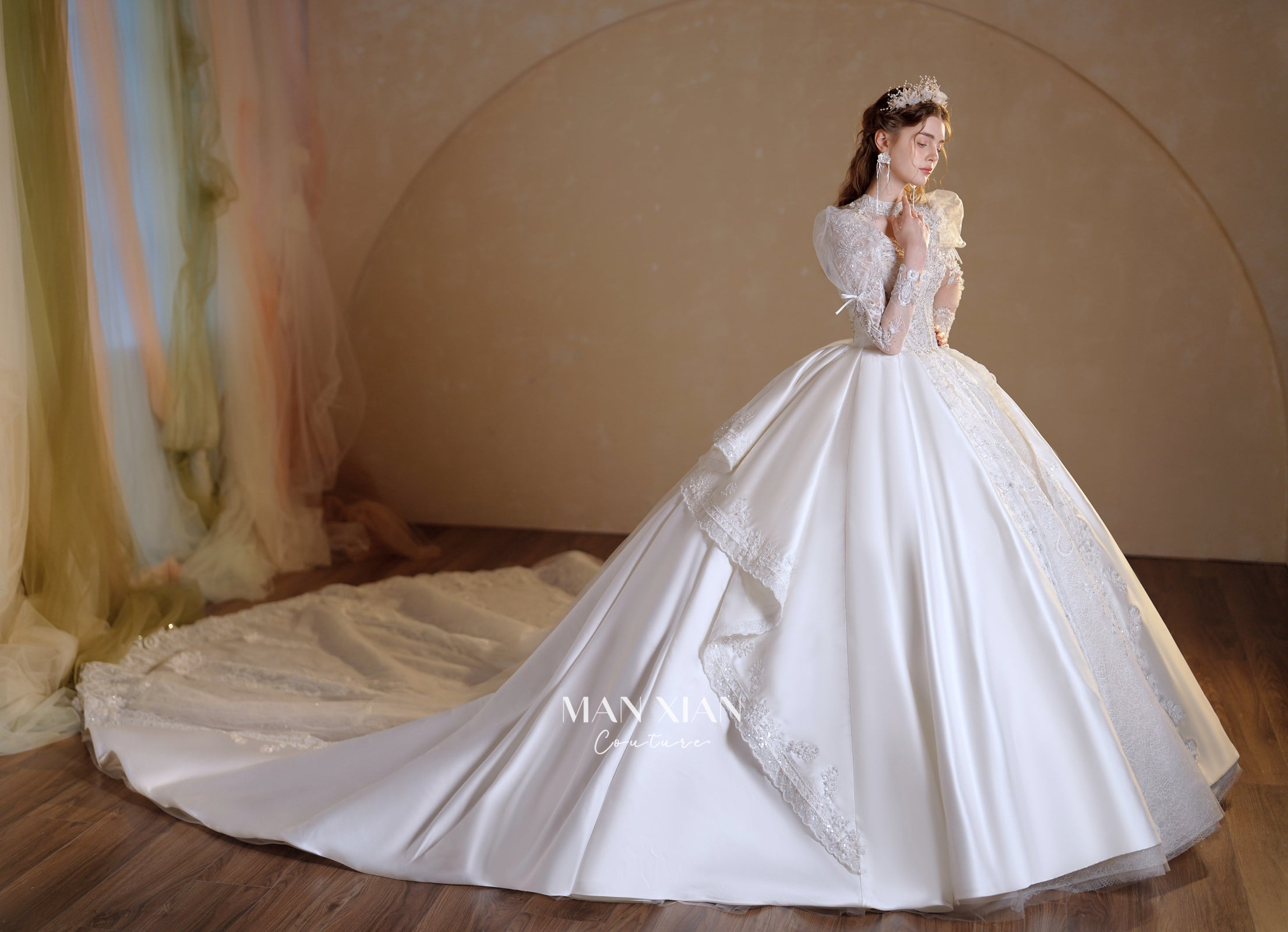 Regal High-Neck Crystal Satin Ball Gown Wedding Dress with Puff Sleeves & Cathedral Train