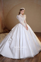 Regal High-Neck Satin Ball Gown Wedding Dress with Cathedral Train & Crystal Lace Appliqués