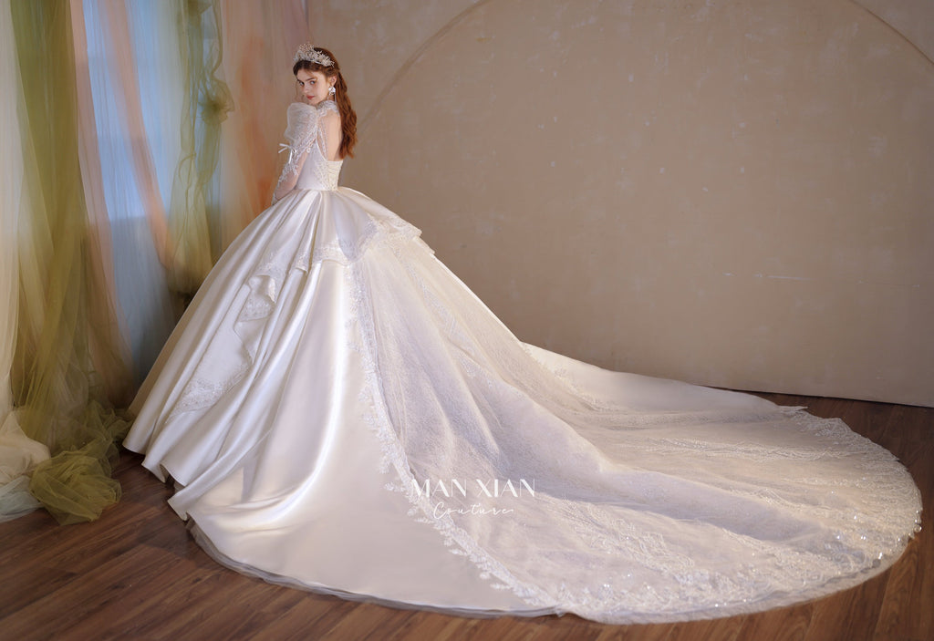 Regal High-Neck Satin Ball Gown Wedding Dress with Cathedral Train & Crystal Lace Appliqués