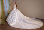 Regal High-Neck Crystal Satin Ball Gown Wedding Dress with Puff Sleeves & Cathedral Train