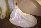 Regal High-Neck Crystal Satin Ball Gown Wedding Dress with Puff Sleeves & Cathedral Train
