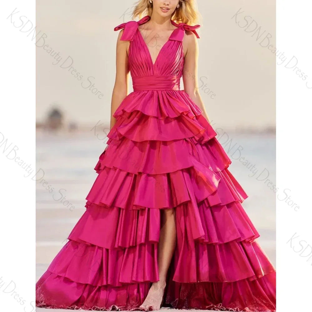 Rose Pink V Neck Sleeveless Slit Evening Dress Female Formal Party Prom Gown