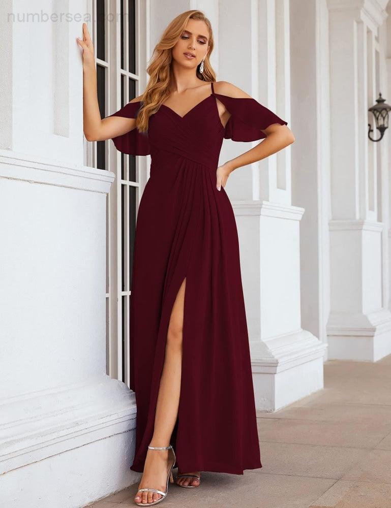 Chiffon Cold Shoulder Long Bridesmaid Dresses Plus Size Formal Prom Gowns for Women Party Wedding  SEA28070