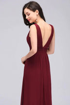 Burgundy Chiffon Sheath V Neck Long Evening Dresses