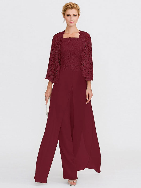 3 Piece Chiffon Square Neck Mother of the Bride Pantsuits with Jacket