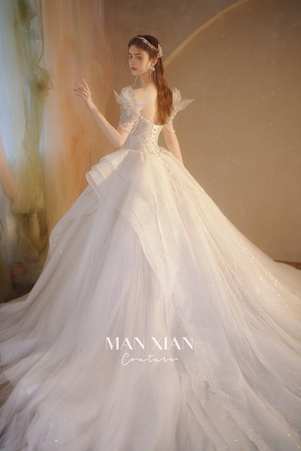 Ethereal Off-Shoulder Crystal Ball Gown Wedding Dress with Cathedral Train & Wing Appliqués
