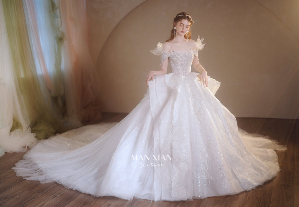 Ethereal Off-Shoulder Crystal Ball Gown Wedding Dress with Cathedral Train & Wing Appliqués