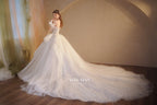 Ethereal Off-Shoulder Crystal Ball Gown Wedding Dress with Cathedral Train & Wing Appliqués