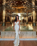 Elegant Spaghetti Straps V Neck Party Dress Mermaid Ruffle Prom Evening Dress Y8172